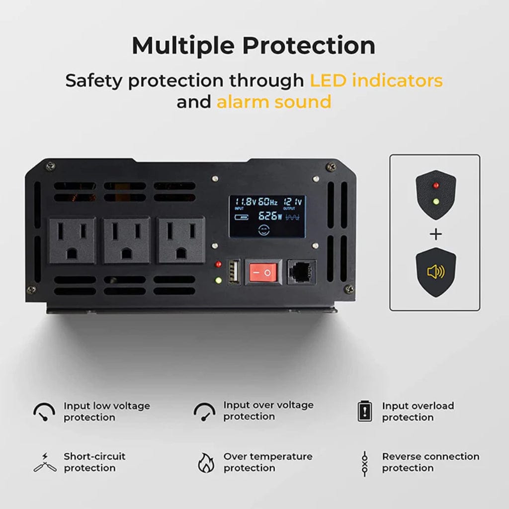 ISE173 BougeRV 1000W 12V Pure Sine Wave Inverter | Solar Inverter | Wired Remote Control | LCD Screen