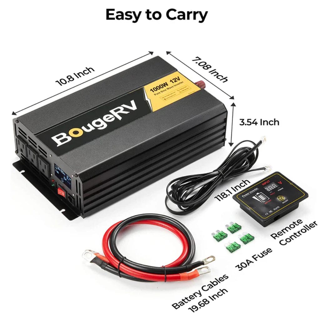 ISE173 BougeRV 1000W 12V Pure Sine Wave Inverter | Solar Inverter | Wired Remote Control | LCD Screen