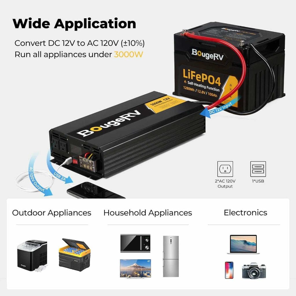 ISE175 BougeRV 3000W 12V Pure Sine Wave Inverter | Solar Inverter | Wired Remote Control | LCD Screen