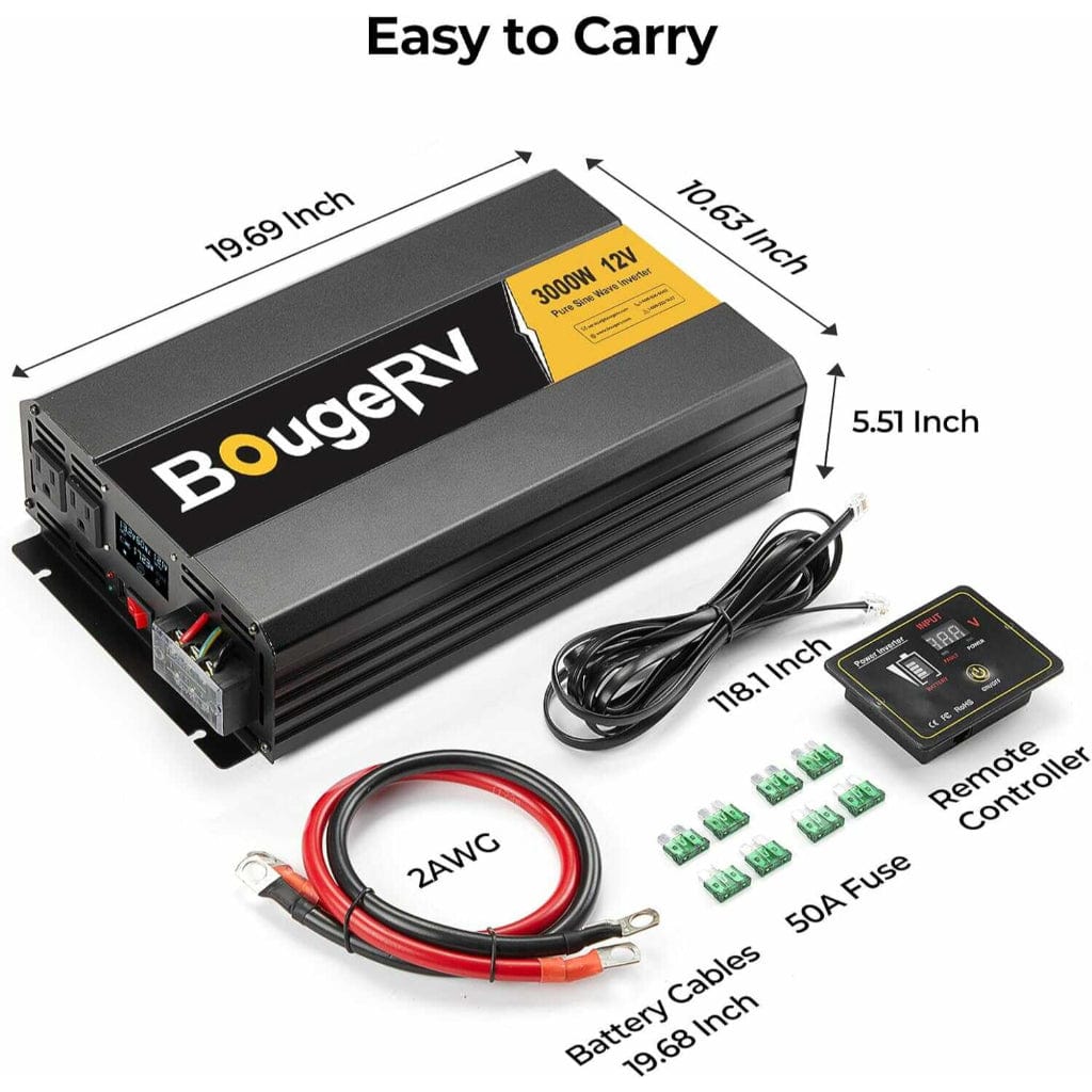 ISE175 BougeRV 3000W 12V Pure Sine Wave Inverter | Solar Inverter | Wired Remote Control | LCD Screen