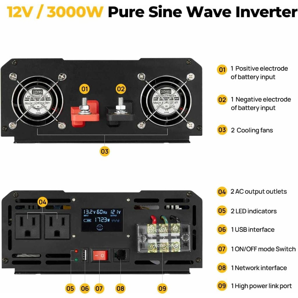 ISE175 BougeRV 3000W 12V Pure Sine Wave Inverter | Solar Inverter | Wired Remote Control | LCD Screen