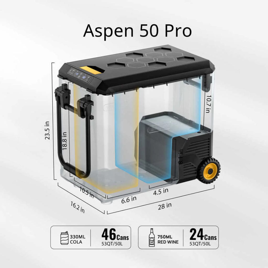 E0401-05105 BougeRV Aspen 50 Pro 53QT Dual Zone Wheeled 12V Portable Refrigerator | Fast Cooling | Camping Fridge