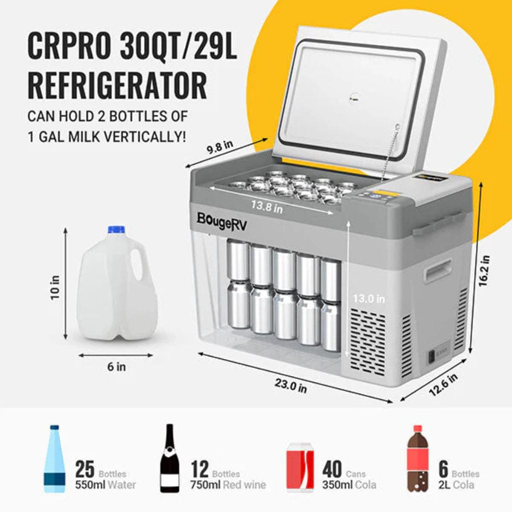 E0401-03005 BougeRV CRPRO30 30 Quart 12V Portable Car Fridge Freezer White | Fast Cooling | Camping Fridge