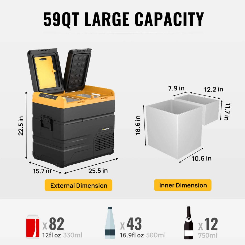 E0401-05517 BougeRV ED55 59 Quart 12 Volt Dual Zone Car Fridge Freezer | Solar Rechargeable | Portable Refrigerator