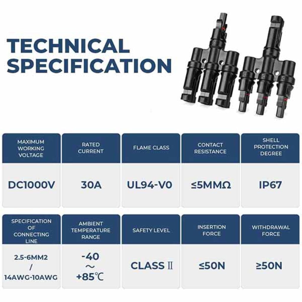 ISE067 BougeRV Solar Branch Connectors Y Connector in Pair MMMF+FFFM for Parallel Connection Between Solar Panels | IP67 Rated | MC4 Parallel Connectors