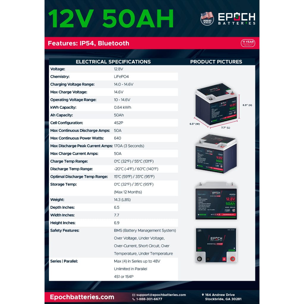 1250A-ES Epoch 12V 50Ah LiFePO4 Battery | Bluetooth | Essentials