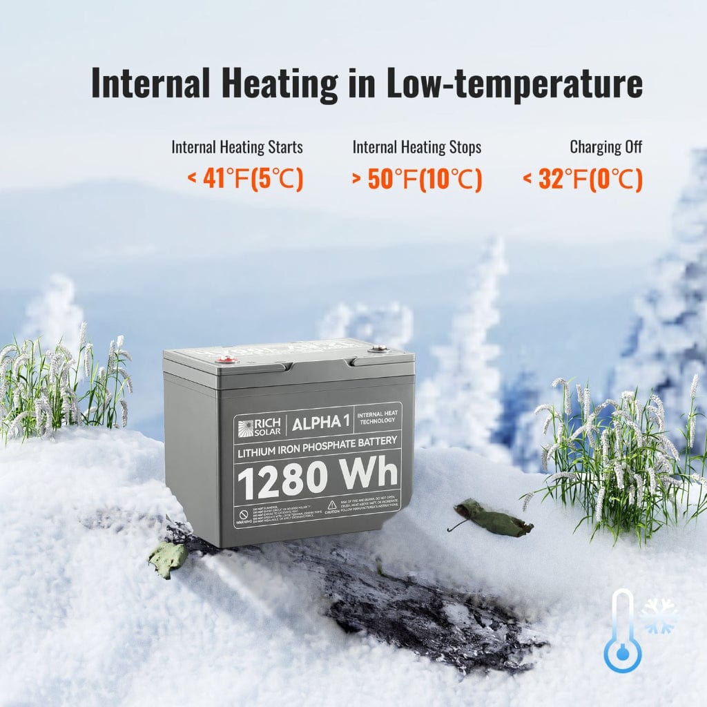 RS-B121S Rich Solar Alpha 1 12V 1280Wh 100Ah Self-Heating LiFePO4 Battery | IP65 Rated | 7000 Cycles | Solar Battery