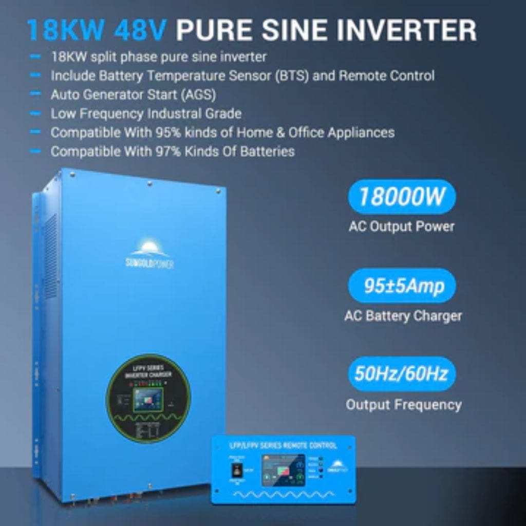 LFPV18K48V240VSP SunGoldPower 18000W 48V Split Phase Inverter Charger | Pure Sine Wave | Off-Grid | Home Backup Inverter