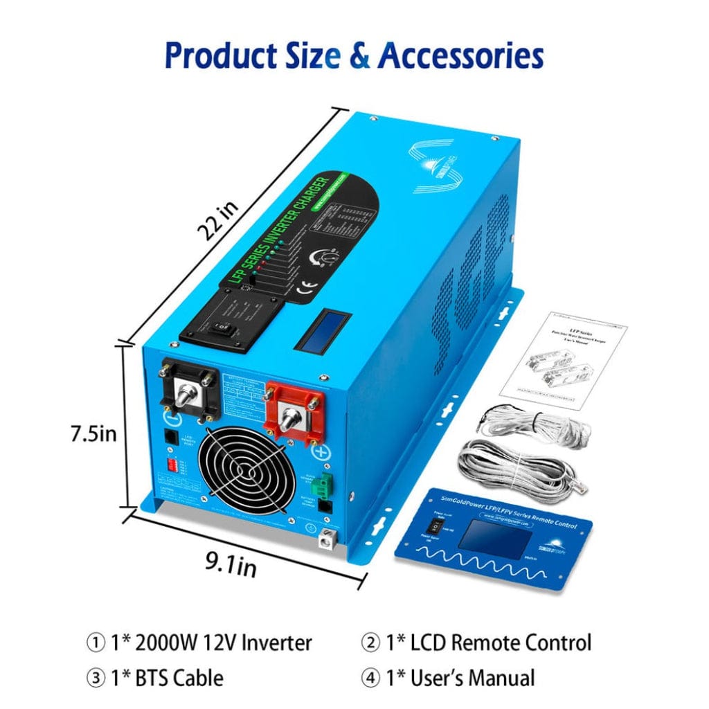 LFP2K12V120VSG SunGoldPower 2000W DC 12V Pure Sine Wave Inverter with Charger | Low Frequency Inverter | Overload Protection