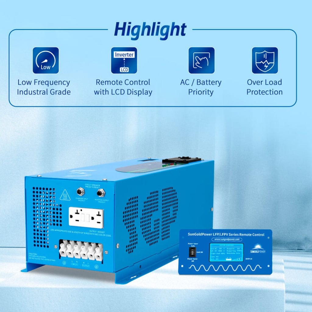 LFP2K12V120VSG SunGoldPower 2000W DC 12V Pure Sine Wave Inverter with Charger | Low Frequency Inverter | Overload Protection