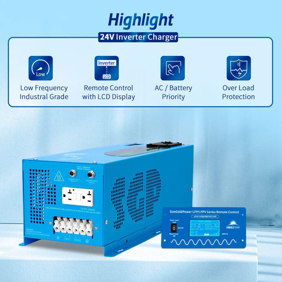 LFP3K24V120VSG SunGoldPower 3000W DC 24V Pure Sine Wave Inverter with Charger | Low Frequency Inverter | Overload Protection