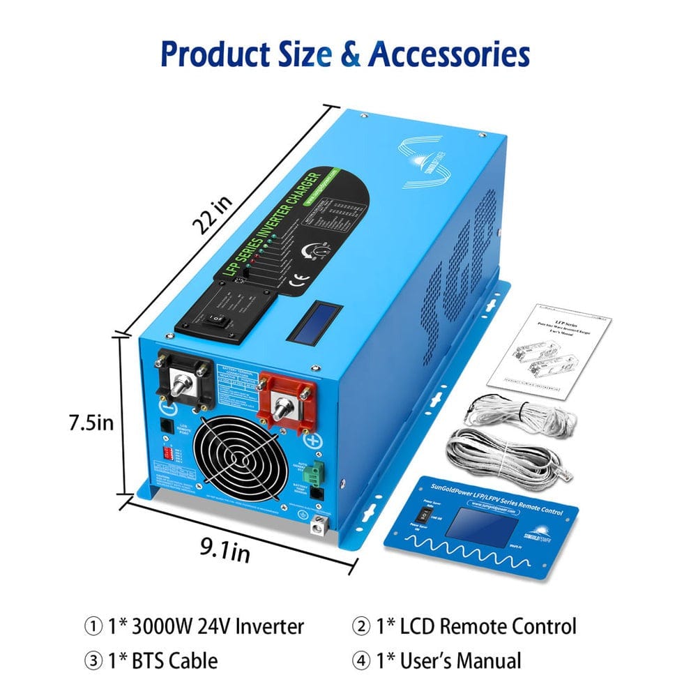 LFP3K24V120VSG SunGoldPower 3000W DC 24V Pure Sine Wave Inverter with Charger | Low Frequency Inverter | Overload Protection