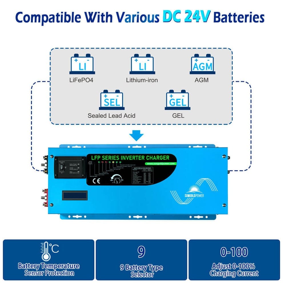 LFP3K24V120VSG SunGoldPower 3000W DC 24V Pure Sine Wave Inverter with Charger | Low Frequency Inverter | Overload Protection