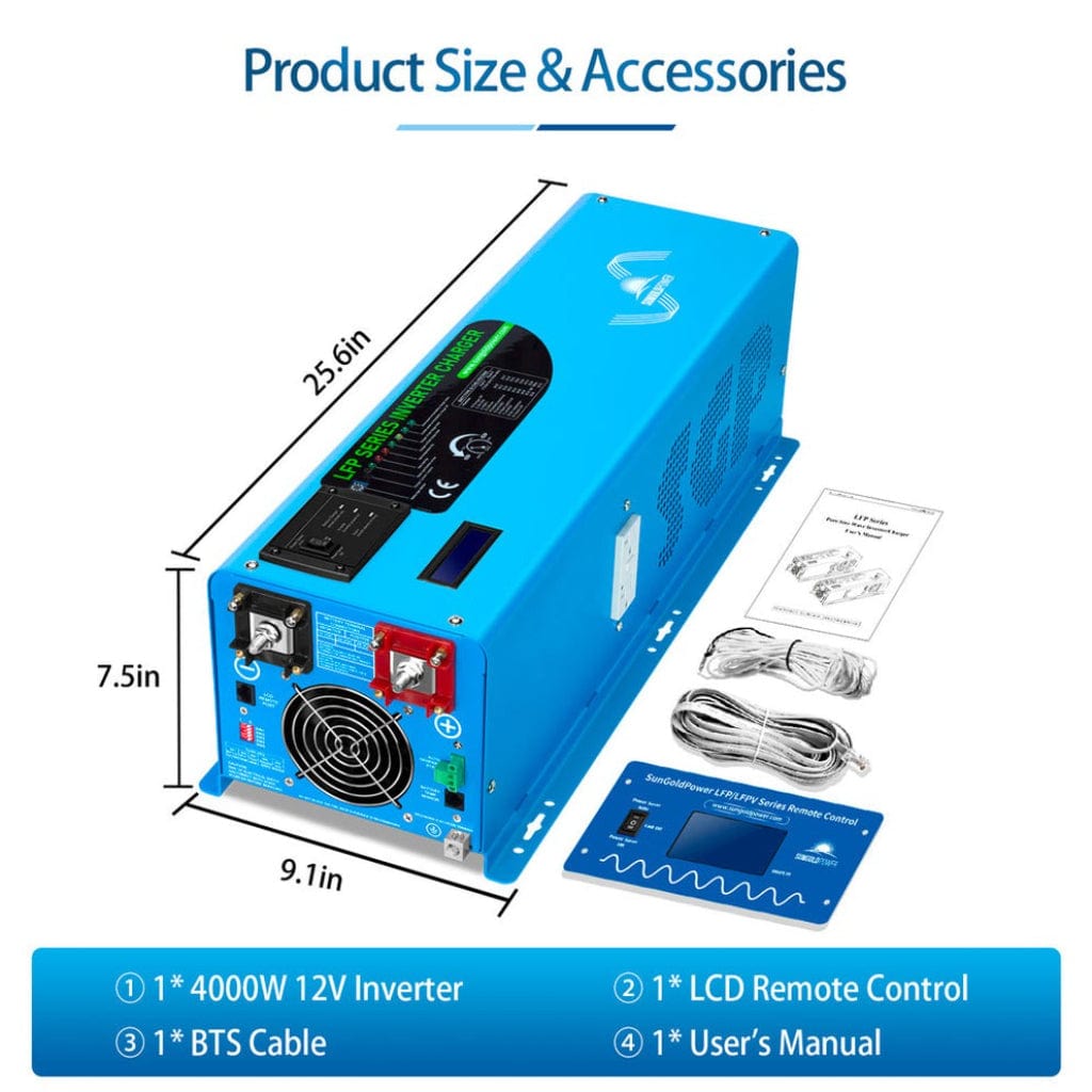 LFP4K12V120VSG SunGoldPower 4000W DC 12V Pure Sine Wave Inverter with Charger | Low Frequency Inverter | Overload Protection