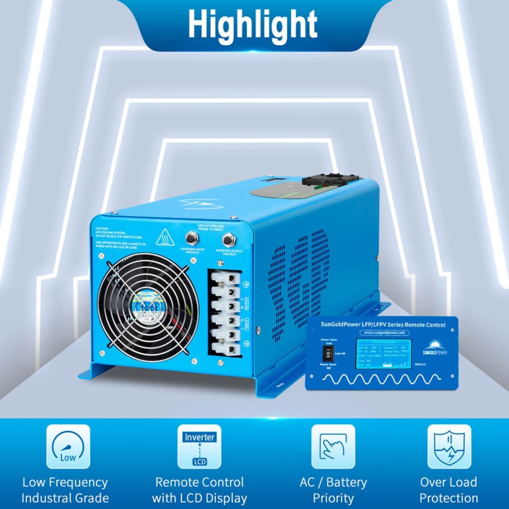 LFP4K12V120VSG SunGoldPower 4000W DC 12V Pure Sine Wave Inverter with Charger | Low Frequency Inverter | Overload Protection