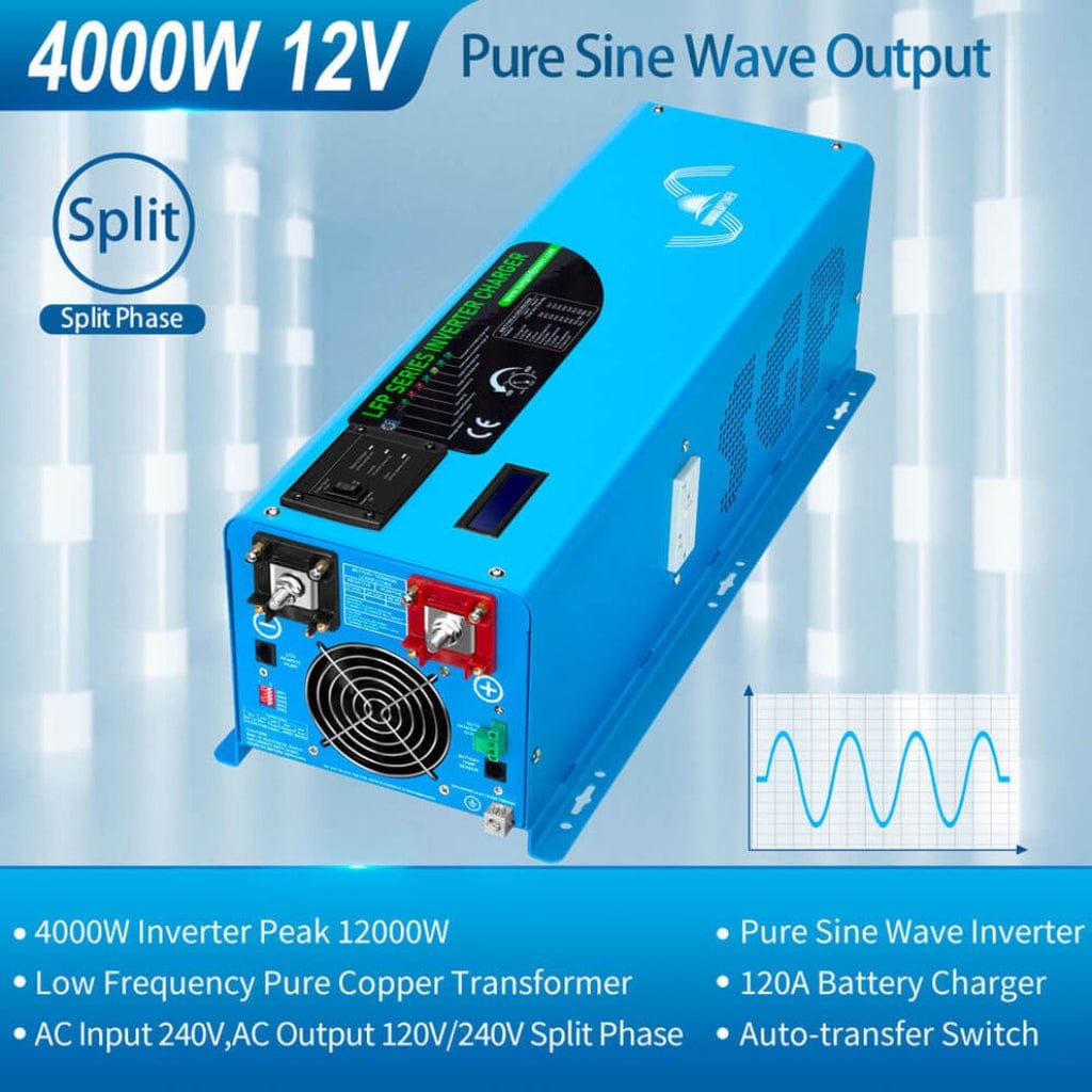 LFP4K12V240VSP SunGoldPower 4000W DC 12V Split Phase Inverter with Charger | Pure Sine Wave | Low Frequency | Overload Protection