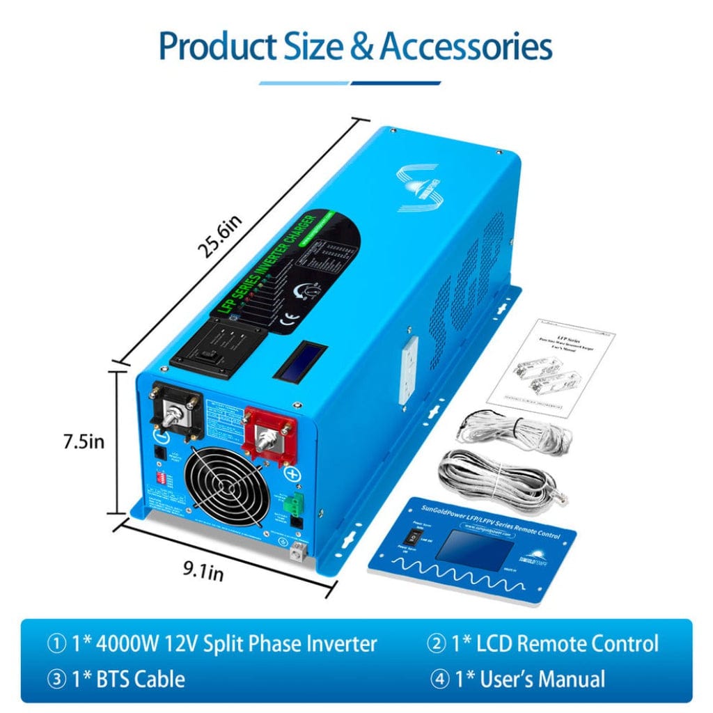 LFP4K12V240VSP SunGoldPower 4000W DC 12V Split Phase Inverter with Charger | Pure Sine Wave | Low Frequency | Overload Protection
