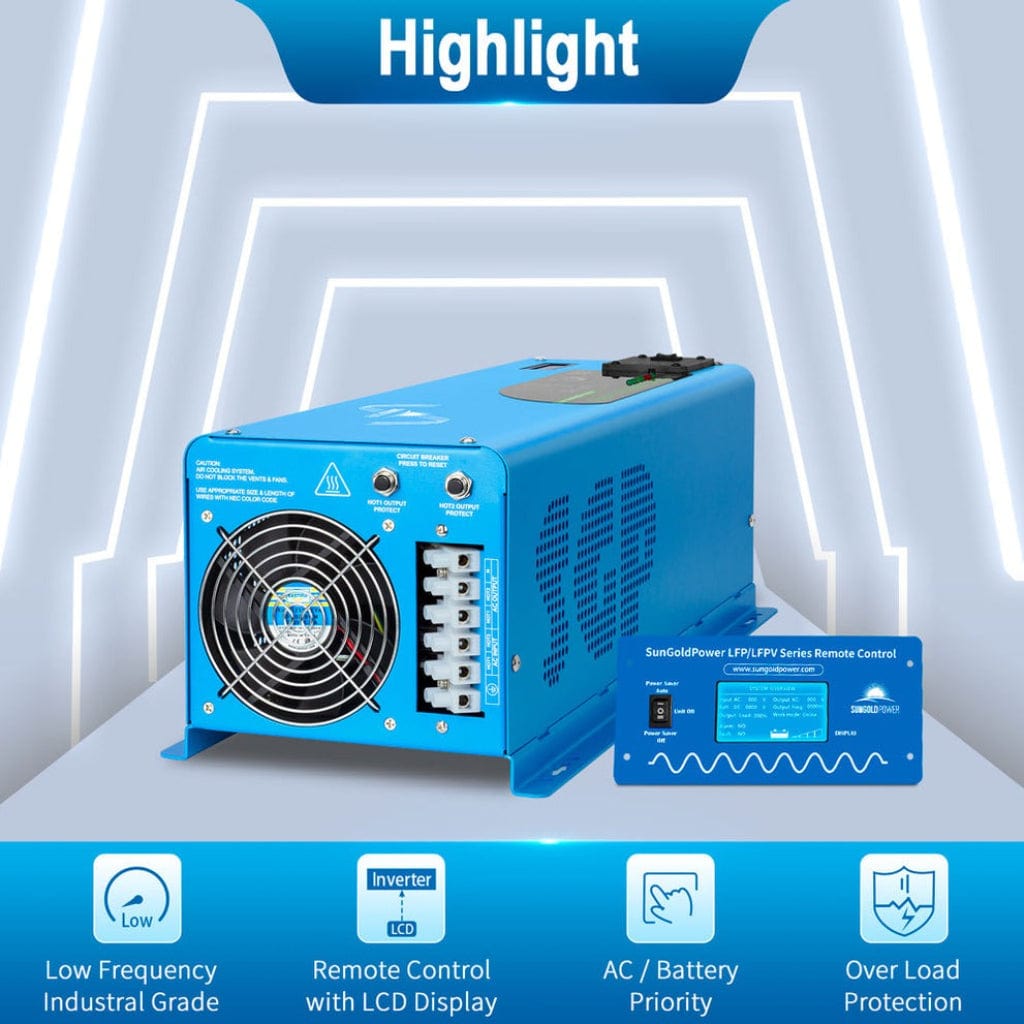 LFP4K12V240VSP SunGoldPower 4000W DC 12V Split Phase Inverter with Charger | Pure Sine Wave | Low Frequency | Overload Protection