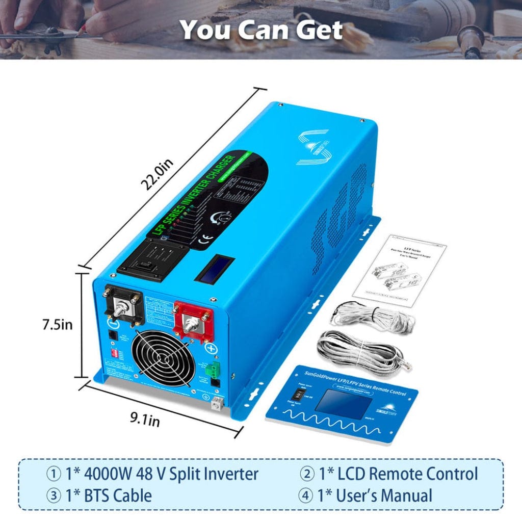 LFP4K48V230VSP SunGoldPower 4000W DC 48V Split Phase Inverter with Charger | Pure Sine Wave | Low Frequency | UL1741 Standard