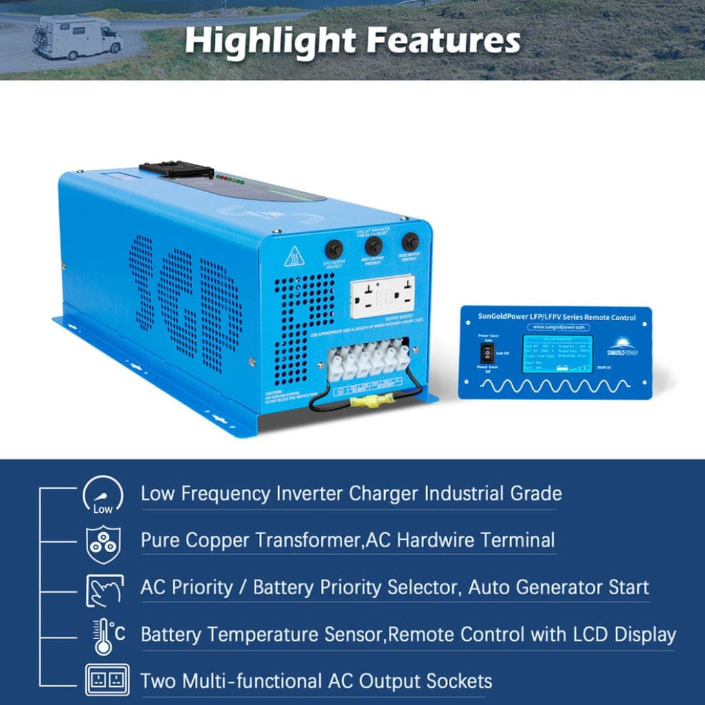 LFP4K48V230VSP SunGoldPower 4000W DC 48V Split Phase Inverter with Charger | Pure Sine Wave | Low Frequency | UL1741 Standard