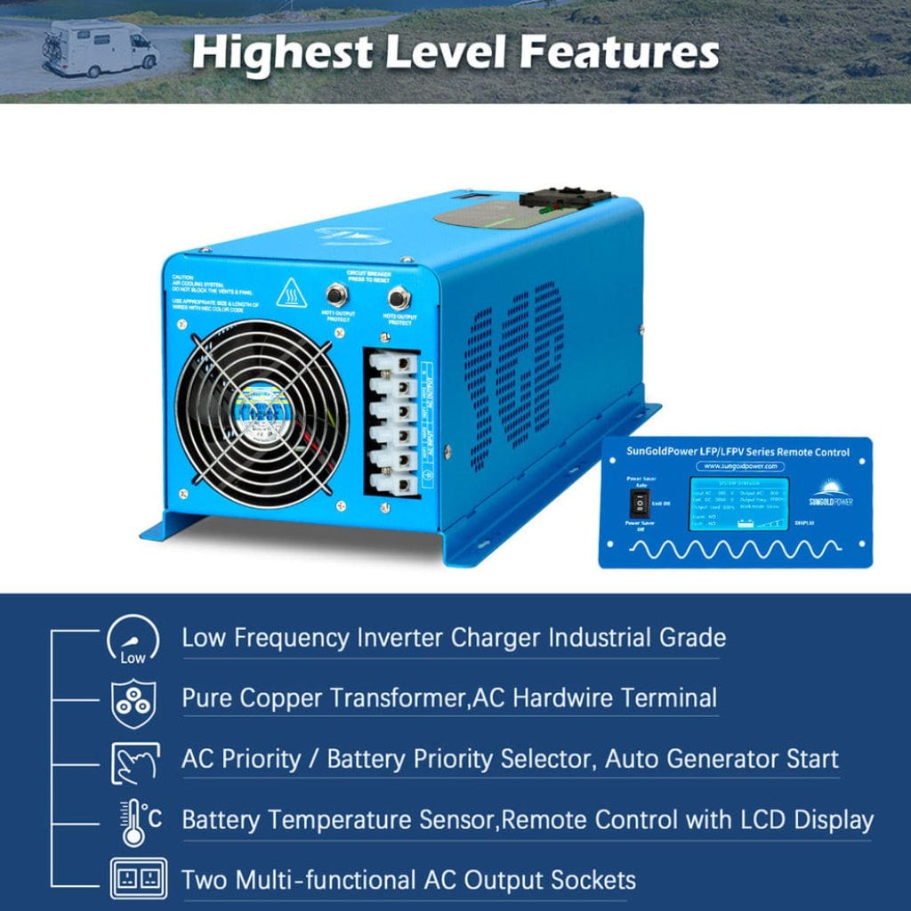 LFP6K24V230VSP SunGoldPower 6000W DC 24V Split Phase Inverter with Charger | Pure Sine Wave | Low Frequency