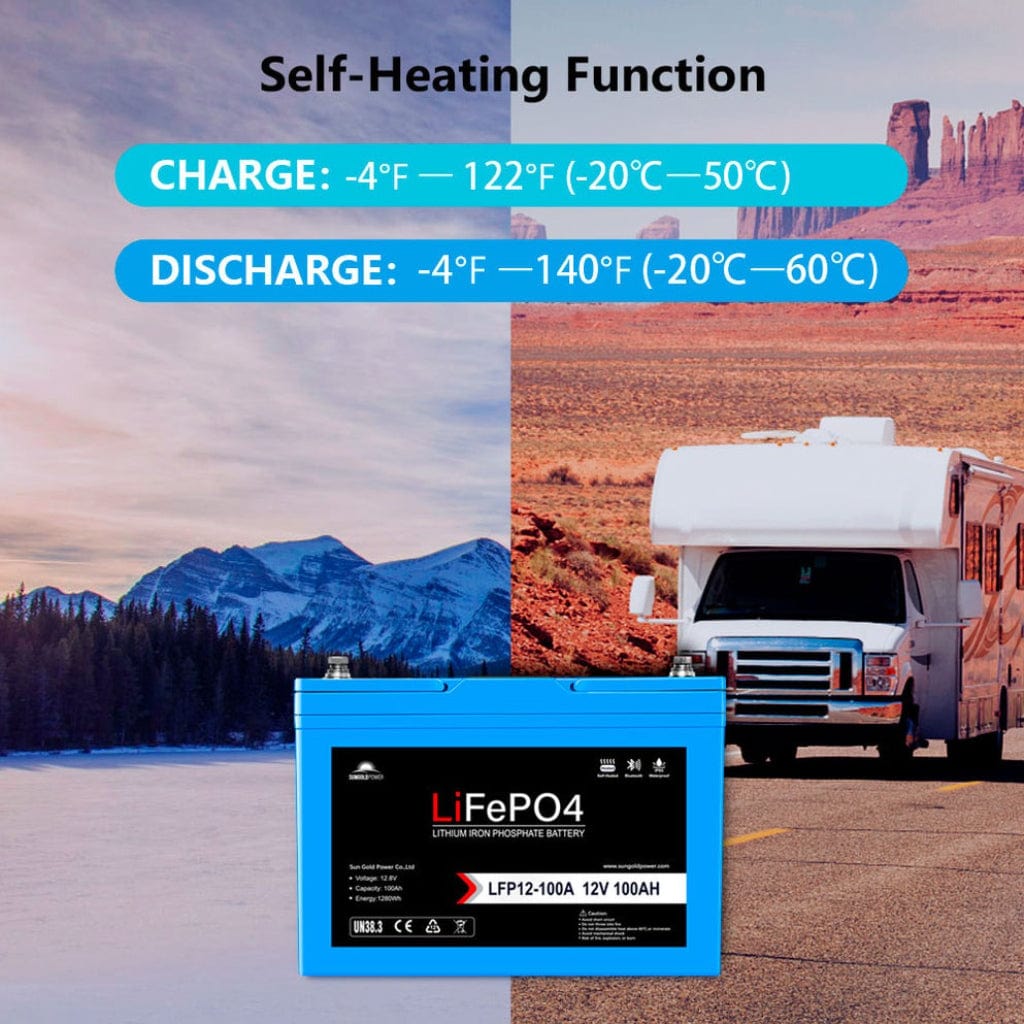 SGP12V100S SunGoldPower LFP-12V-100A 12V 100Ah LiFePO4 Battery | Bluetooth | Self-Heating | IP65 Rating | Home Backup Battery
