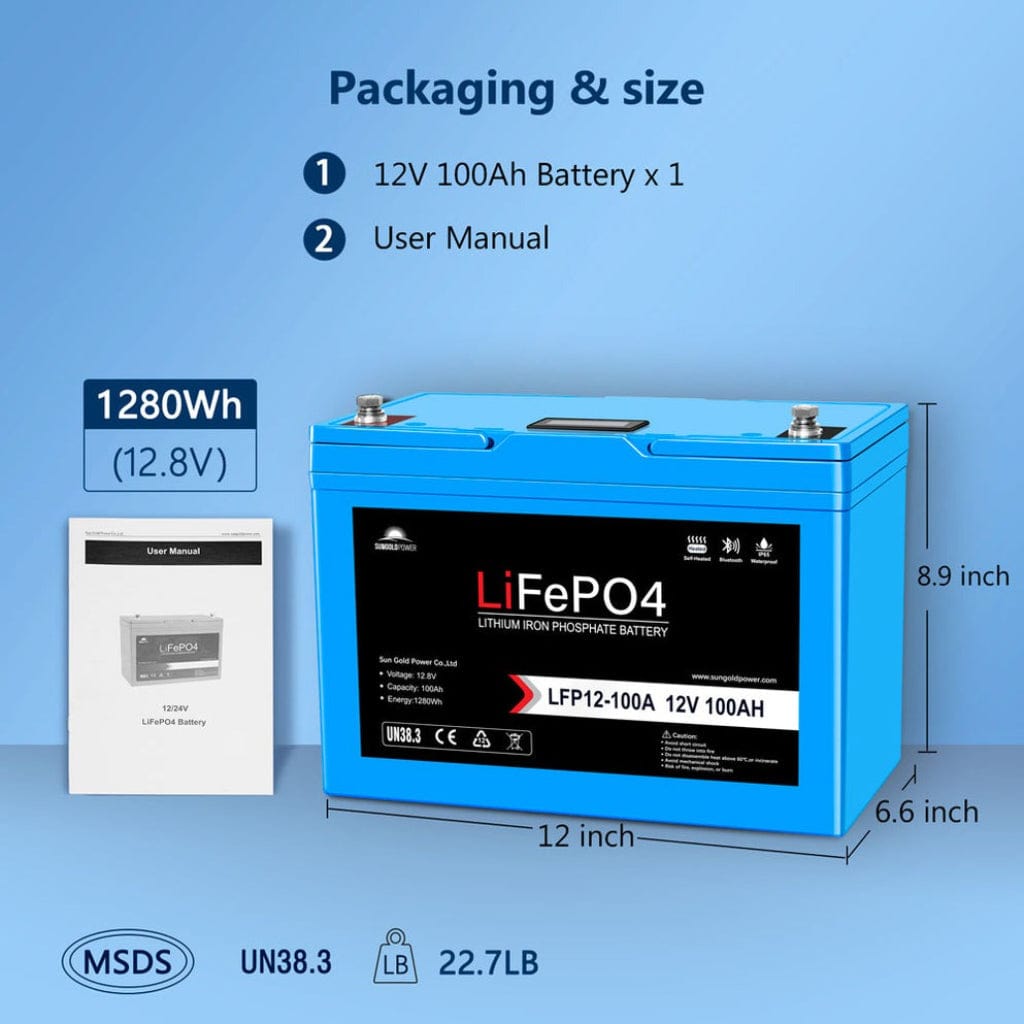 SGP12V100S SunGoldPower LFP-12V-100A 12V 100Ah LiFePO4 Battery | Bluetooth | Self-Heating | IP65 Rating | Home Backup Battery