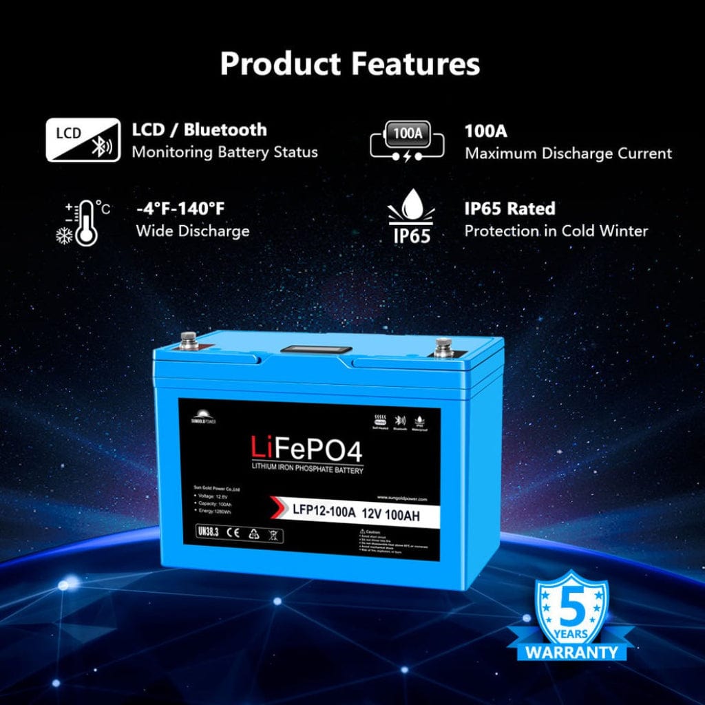 SGP12V100S SunGoldPower LFP-12V-100A 12V 100Ah LiFePO4 Battery | Bluetooth | Self-Heating | IP65 Rating | Home Backup Battery