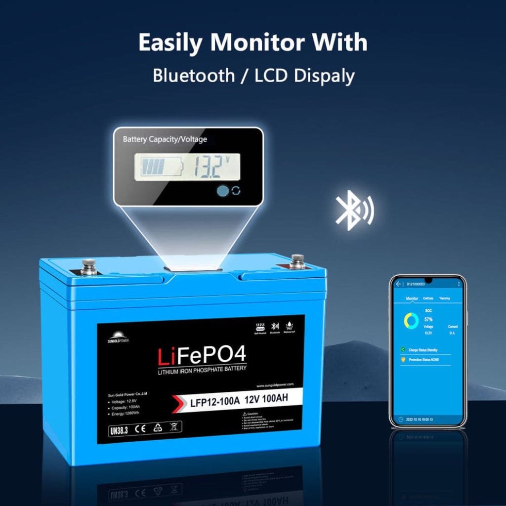 SGP12V100S SunGoldPower LFP-12V-100A 12V 100Ah LiFePO4 Battery | Bluetooth | Self-Heating | IP65 Rating | Home Backup Battery