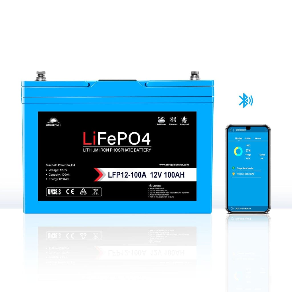 SGP12V100S SunGoldPower LFP-12V-100A 12V 100Ah LiFePO4 Battery | Bluetooth | Self-Heating | IP65 Rating | Home Backup Battery