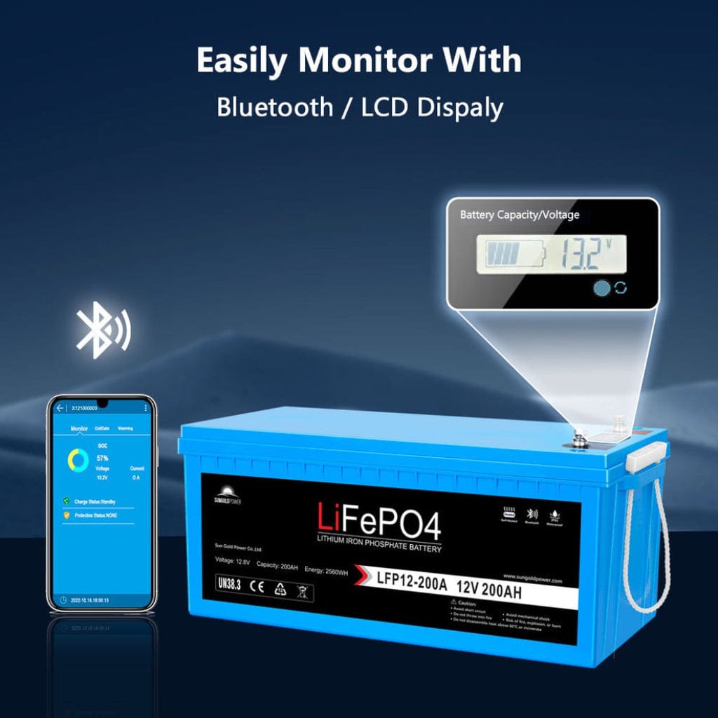 SGP12V200S SunGoldPower LFP-12V-200A 12V 200Ah LiFePO4 Battery | Bluetooth | Self-Heating | IP65 Rating | Home Backup Battery
