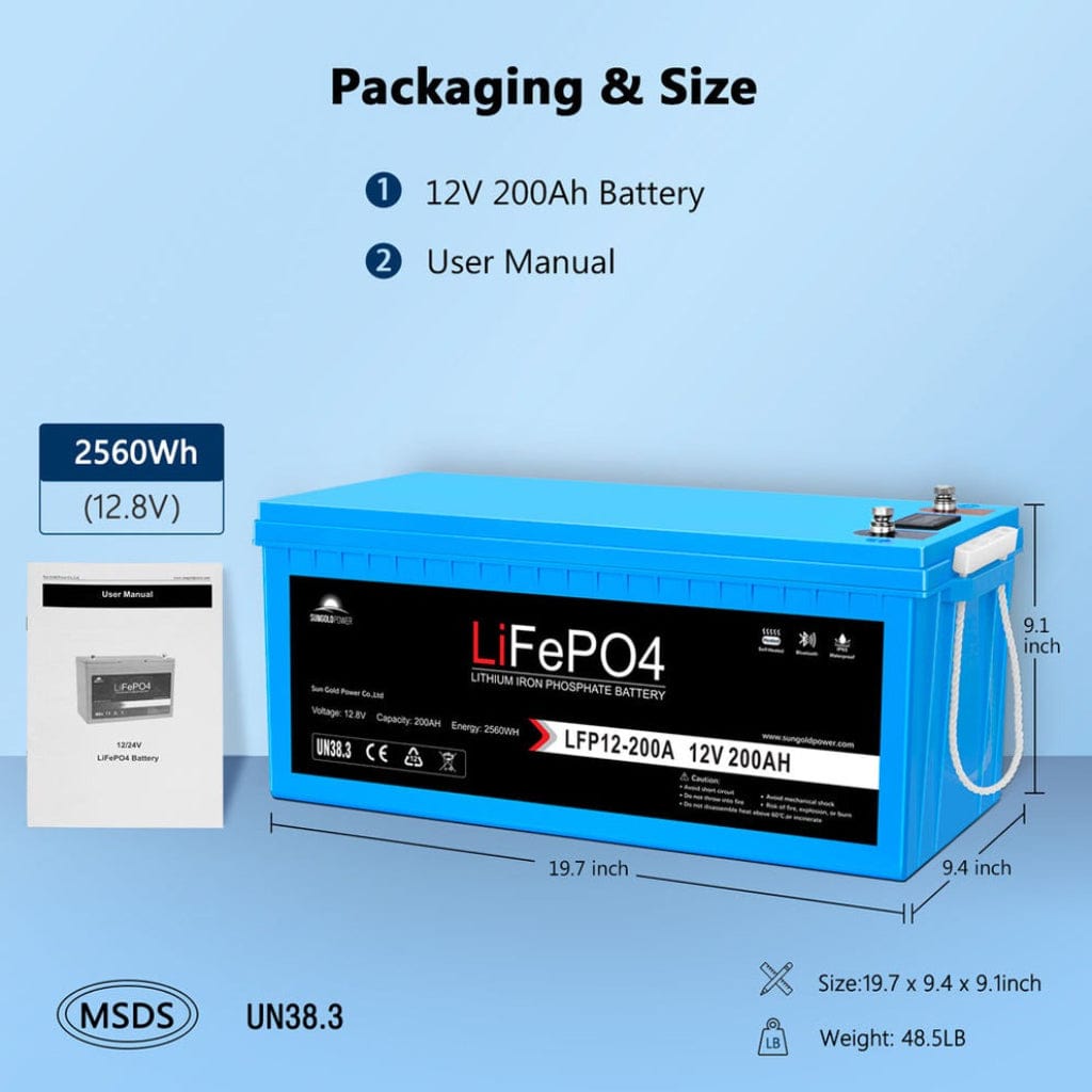 SGP12V200S SunGoldPower LFP-12V-200A 12V 200Ah LiFePO4 Battery | Bluetooth | Self-Heating | IP65 Rating | Home Backup Battery