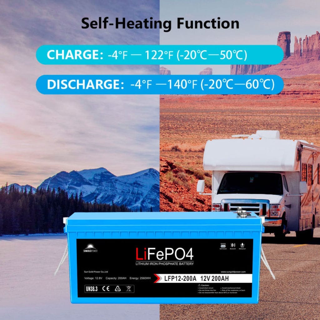 SGP12V200S SunGoldPower LFP-12V-200A 12V 200Ah LiFePO4 Battery | Bluetooth | Self-Heating | IP65 Rating | Home Backup Battery