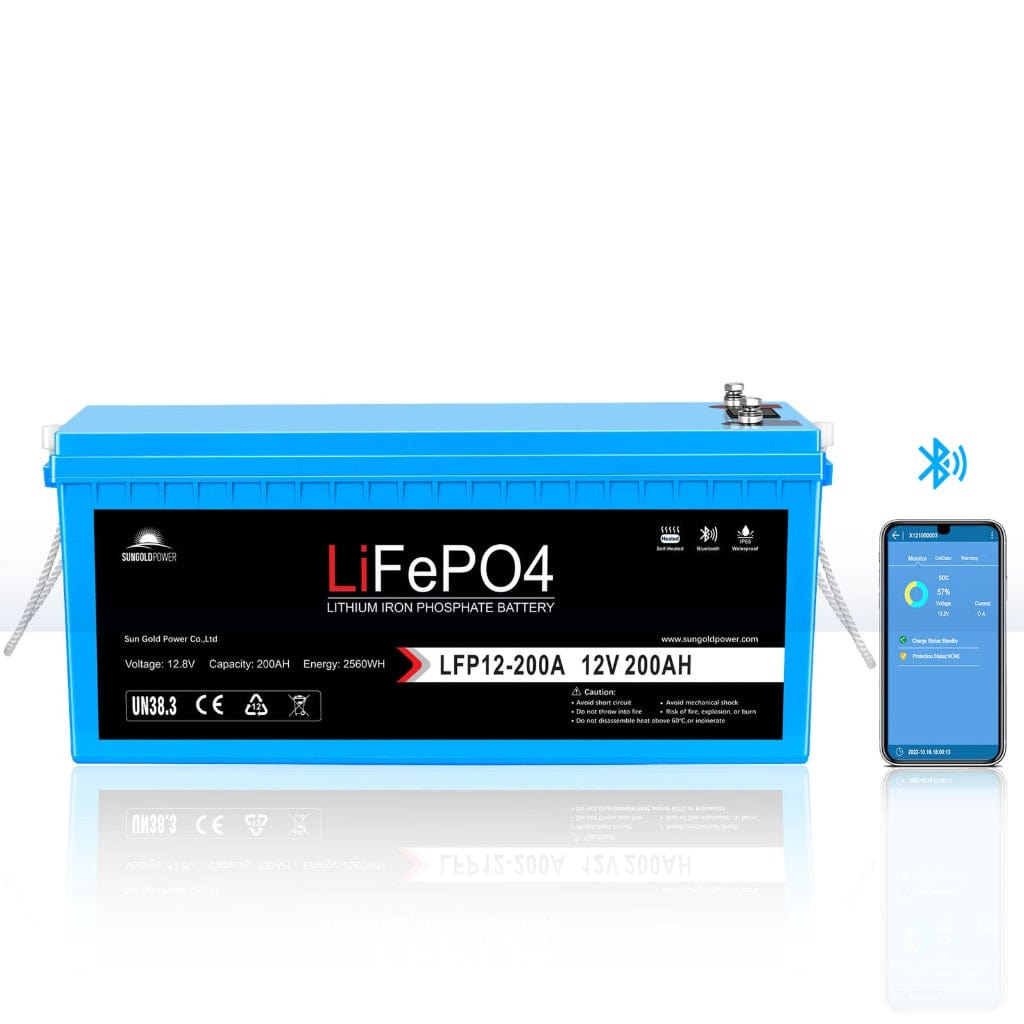 SGP12V200S SunGoldPower LFP-12V-200A 12V 200Ah LiFePO4 Battery | Bluetooth | Self-Heating | IP65 Rating | Home Backup Battery