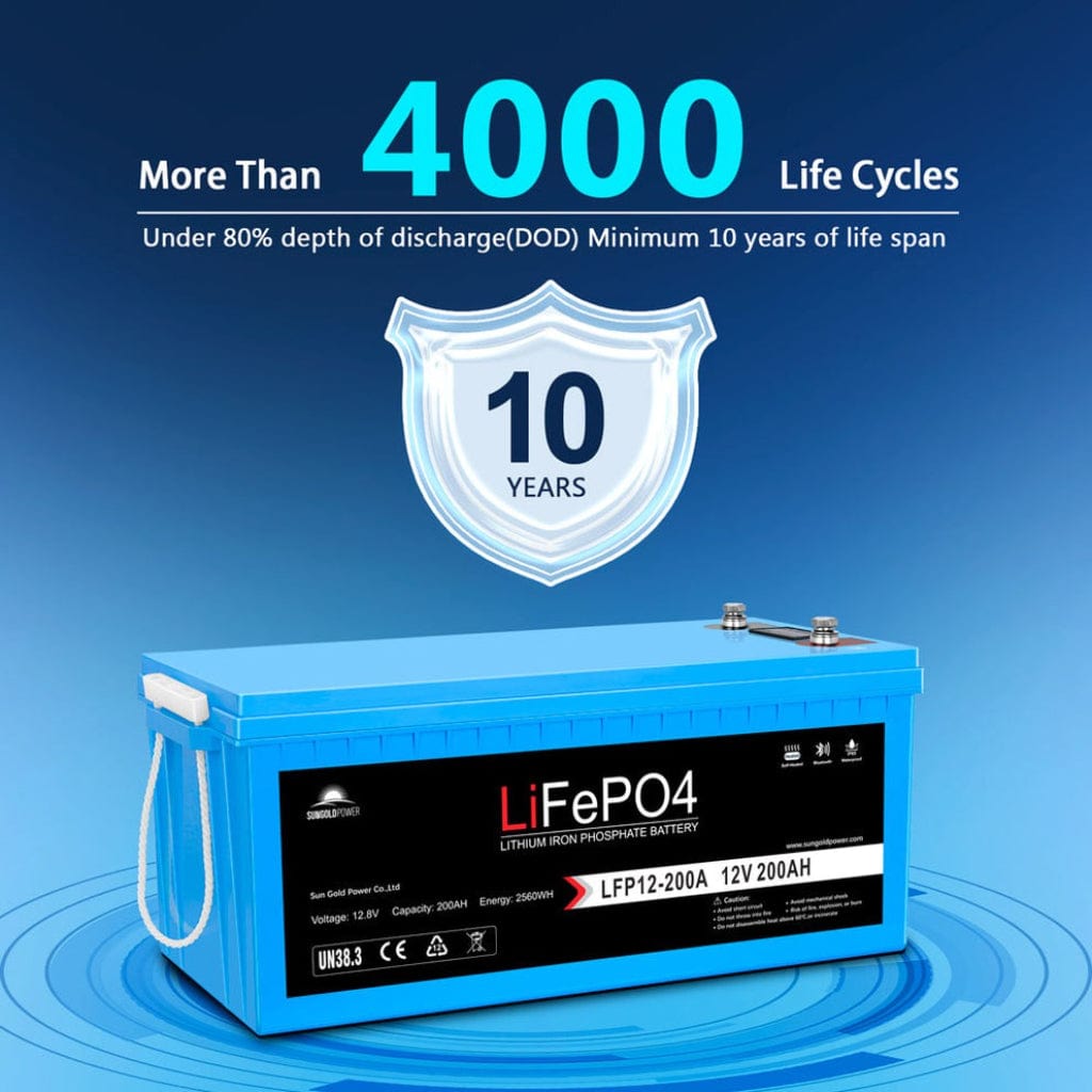 SGP12V200S SunGoldPower LFP-12V-200A 12V 200Ah LiFePO4 Battery | Bluetooth | Self-Heating | IP65 Rating | Home Backup Battery