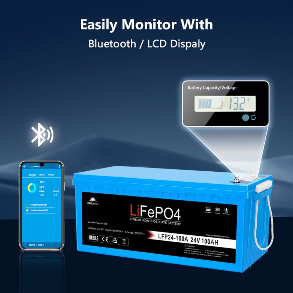 SGP24V100S SunGoldPower LFP-24V-100A 24V 100Ah LiFePO4 Battery | Bluetooth | Self-Heating | IP65 Rating | Home Backup Battery