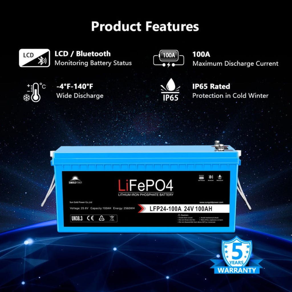 SGP24V100S SunGoldPower LFP-24V-100A 24V 100Ah LiFePO4 Battery | Bluetooth | Self-Heating | IP65 Rating | Home Backup Battery