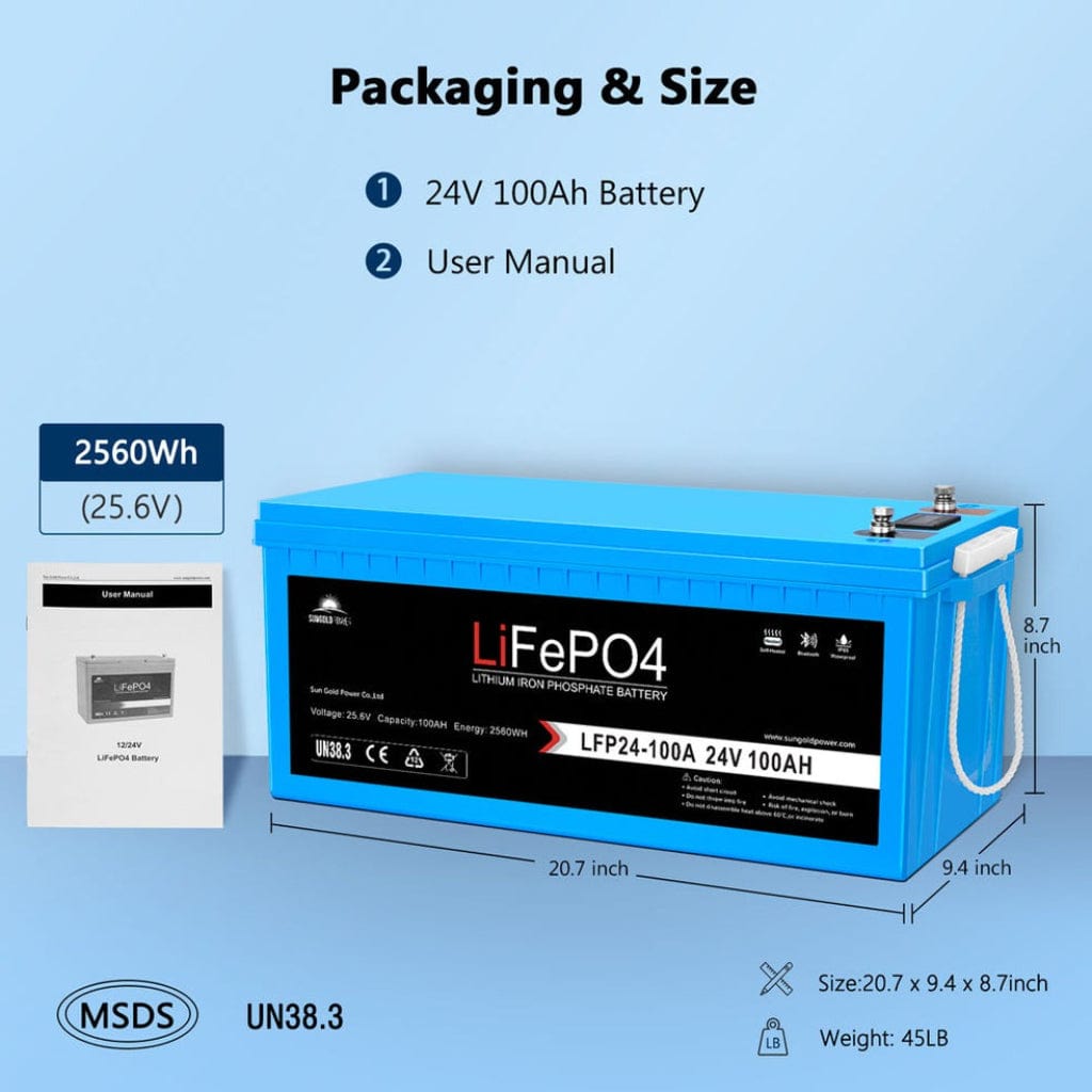 SGP24V100S SunGoldPower LFP-24V-100A 24V 100Ah LiFePO4 Battery | Bluetooth | Self-Heating | IP65 Rating | Home Backup Battery