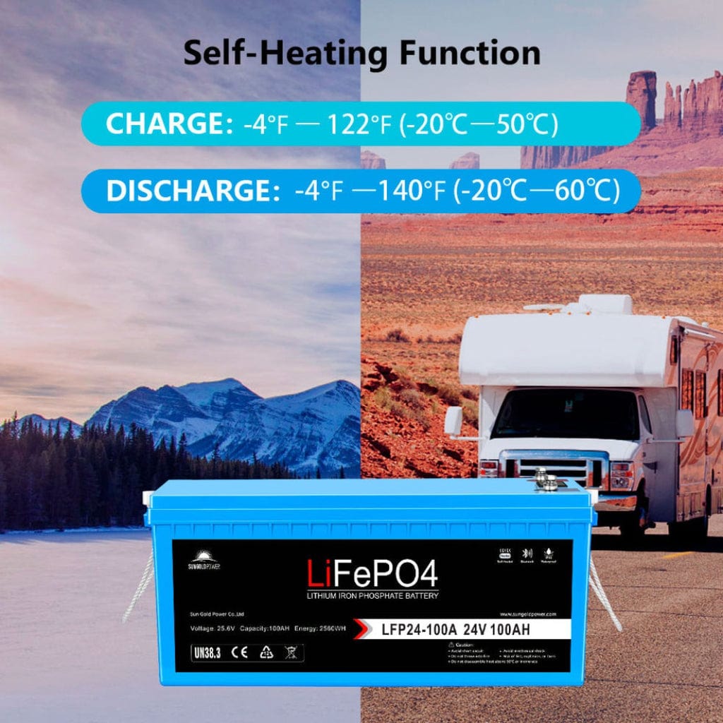 SGP24V100S SunGoldPower LFP-24V-100A 24V 100Ah LiFePO4 Battery | Bluetooth | Self-Heating | IP65 Rating | Home Backup Battery