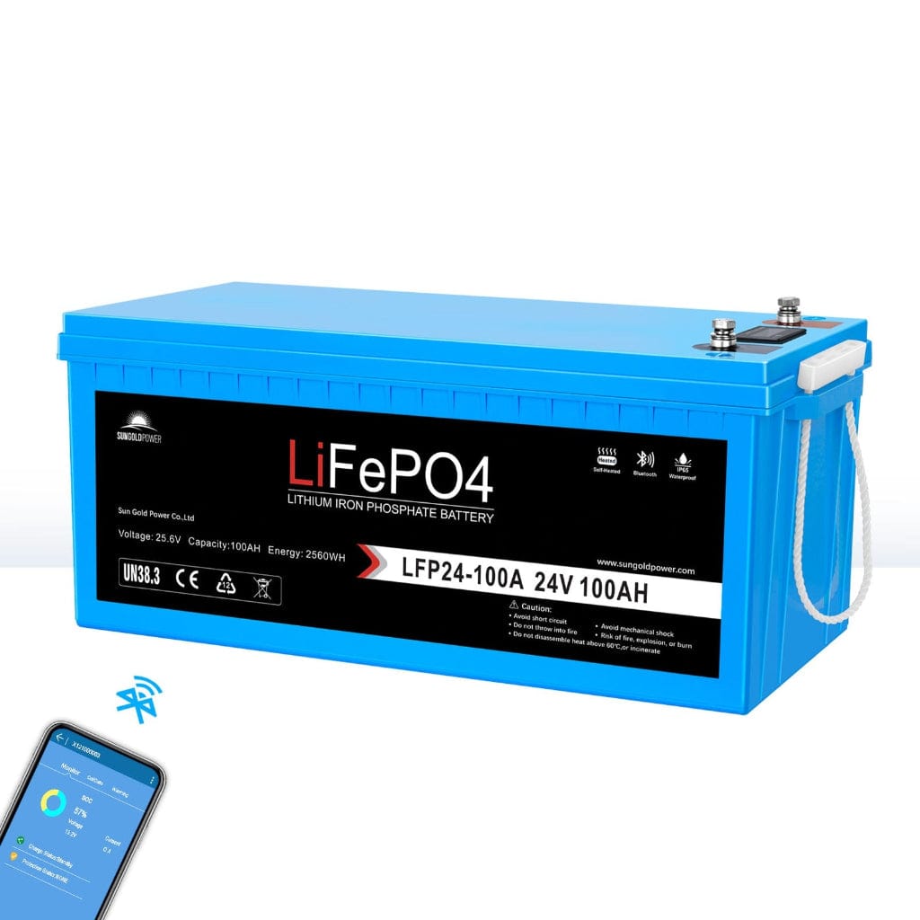 SGP24V100S SunGoldPower LFP-24V-100A 24V 100Ah LiFePO4 Battery | Bluetooth | Self-Heating | IP65 Rating | Home Backup Battery