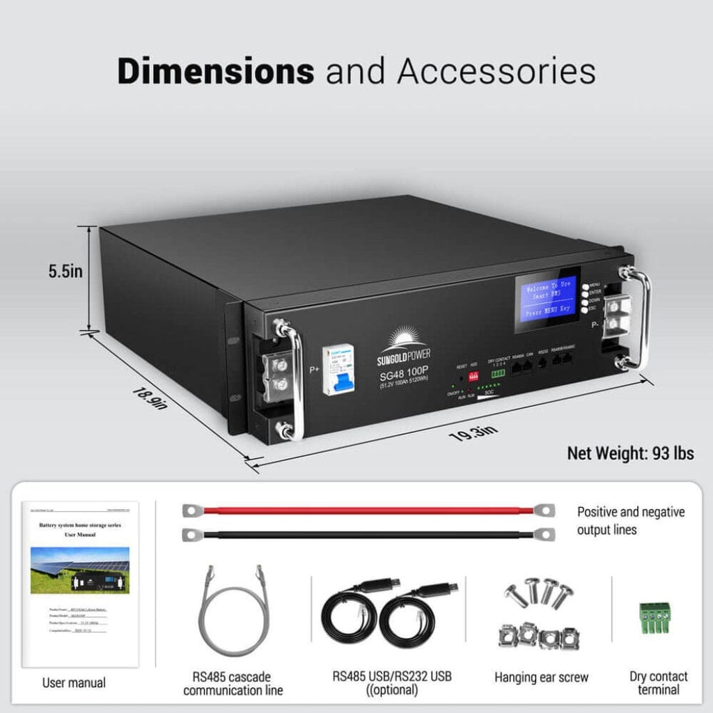 SG48100P SunGoldPower SG48100P 48V 100Ah Server Rack LiFePO4 Battery | UL 1973 Certified | IP65 Rating | Home Backup Battery