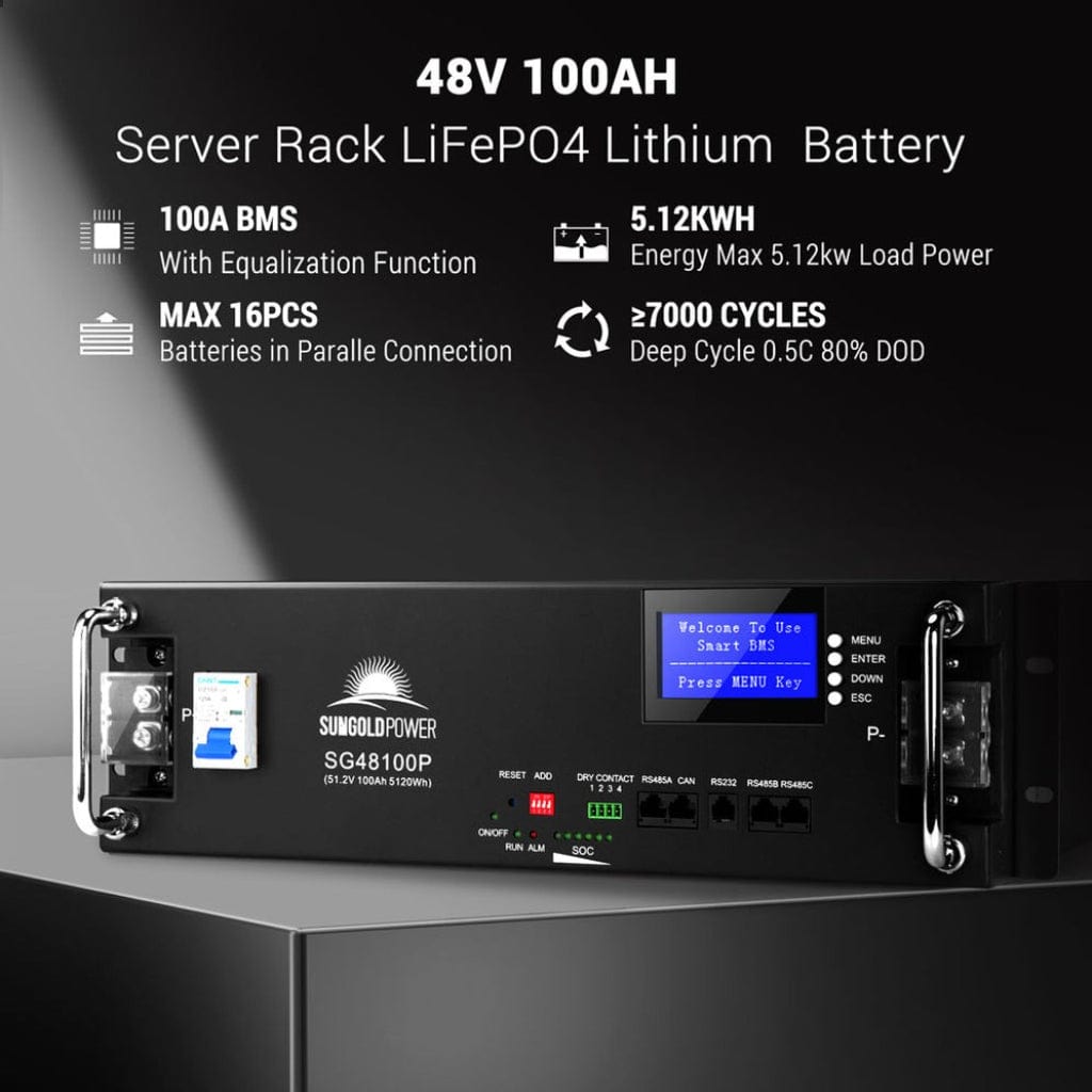 SG48100P SunGoldPower SG48100P 48V 100Ah Server Rack LiFePO4 Battery | UL 1973 Certified | IP65 Rating | Home Backup Battery