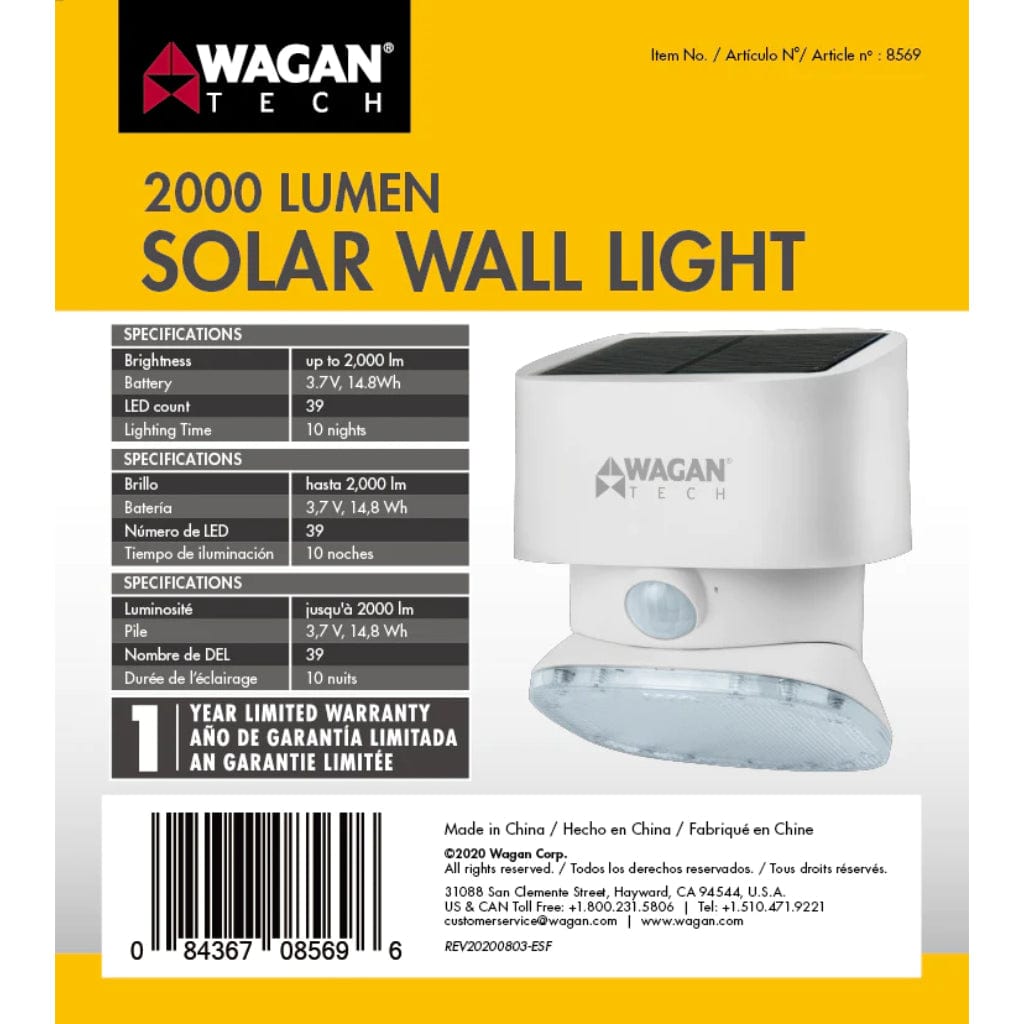 8569 Wagan Tech 2000 Lumen Solar Wall Light (White) | IP65 Rated | CE, RoHS, FCC Certified
