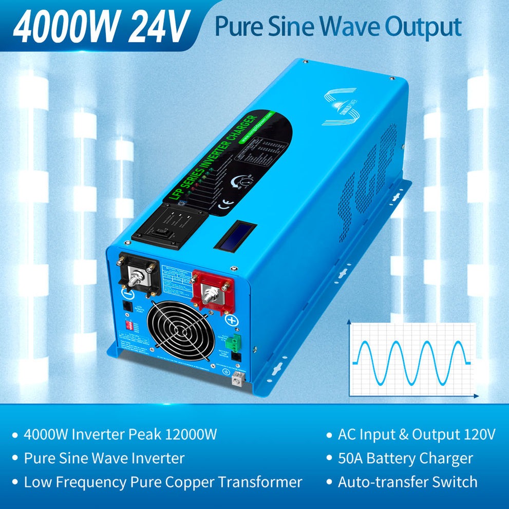 SunGoldPower 4000W DC 24V Split Phase Inverter with Charger | Pure Sine Wave | Low Frequency | Overload Protection