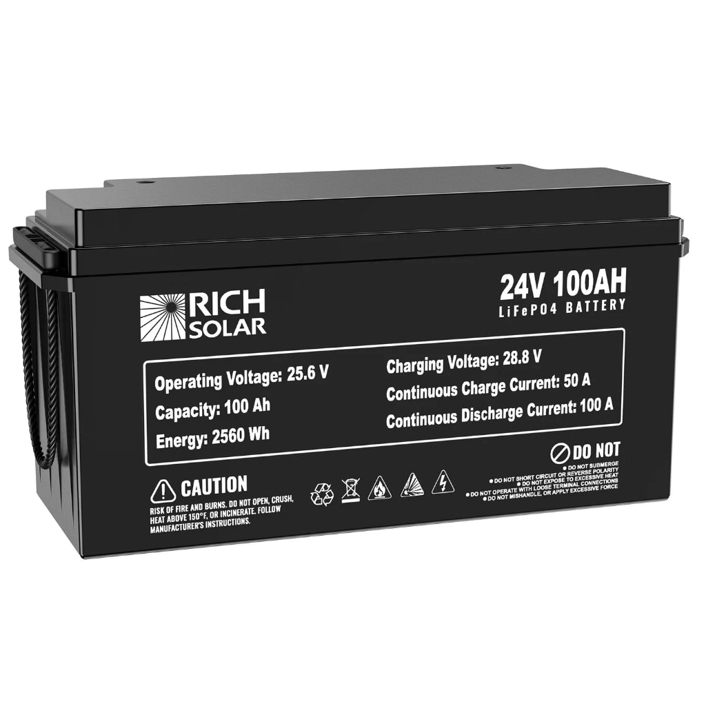 Rich Solar 24V 2560Wh 100Ah LiFePO4 Battery | IP65 Rated | 5000 Cycles | Lightweight | Solar Battery