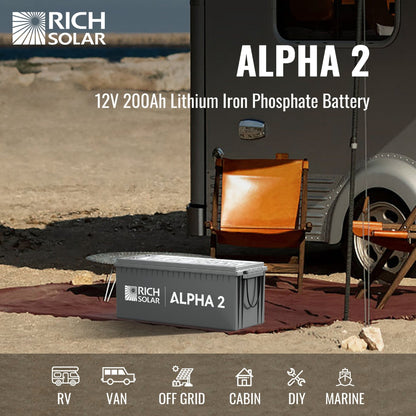 Rich Solar Alpha 2 12V 2560Wh 200Ah Self-Heating LiFePO4 Battery | IP65 Rated | 7000 Cycles | Solar Battery