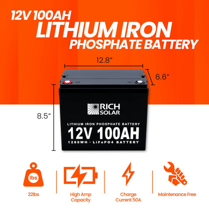Rich Solar 12V 1280Wh 100Ah LiFePO4 Battery | IP65 Rated | 5000 Cycles | Lightweight | Solar Battery