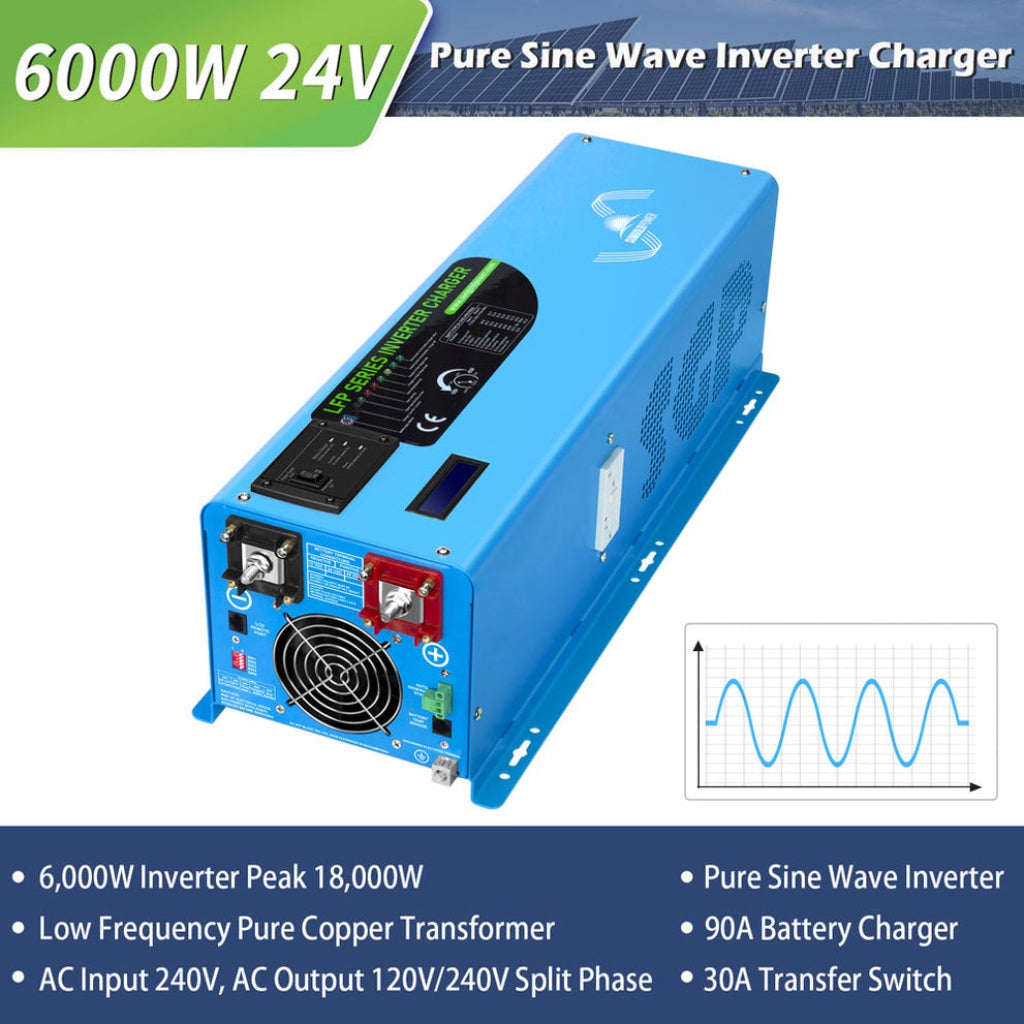 SunGoldPower 6000W DC 24V Split Phase Inverter with Charger | Pure Sine Wave | Low Frequency