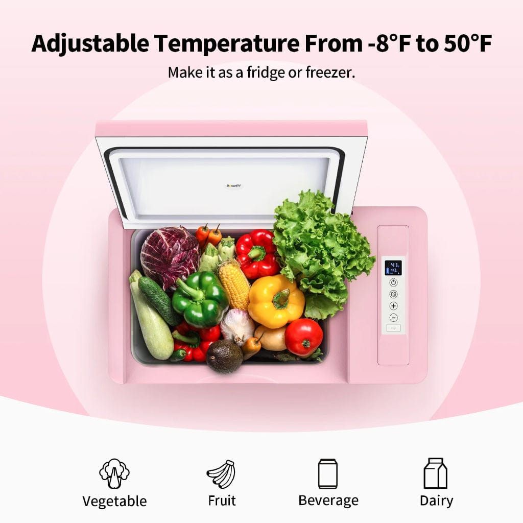 E0401-02213 BougeRV 12V 23 Quart Pink Mini Fridge | Fast Cooling | Portable Fridge