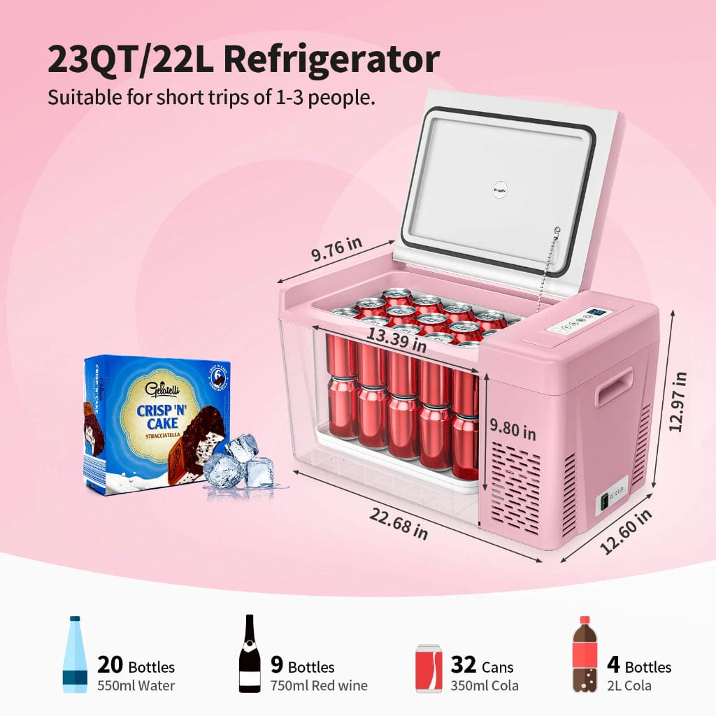 E0401-02213 BougeRV 12V 23 Quart Pink Mini Fridge | Fast Cooling | Portable Fridge